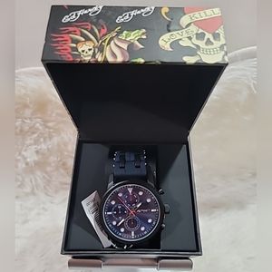 Ed Hardy Men’s Watch Blue Dial With Black Steel & Rubber Band. Blue Face New